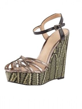 Pelle Moda Pewter Rose Black Gold Metallic Platform Wedge BOHO 70s Size 5.5